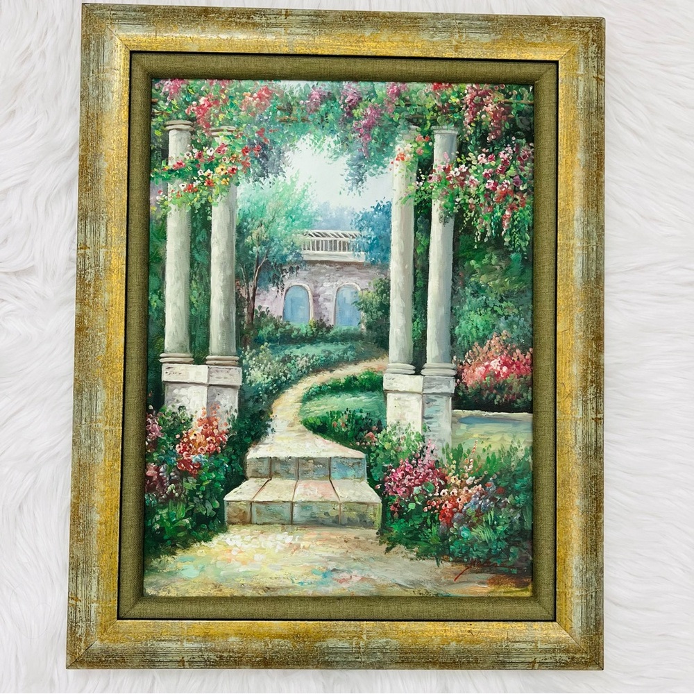 Beautiful Helen Signed Floral Garden White Ancient Columns Artwork